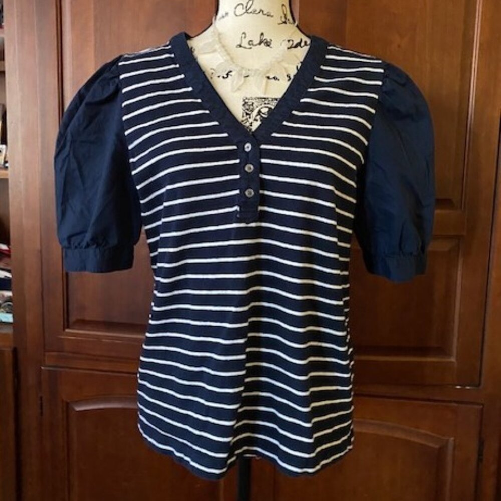 Ann Taylor LOFT Navy Blue Striped Blouse Size Large
